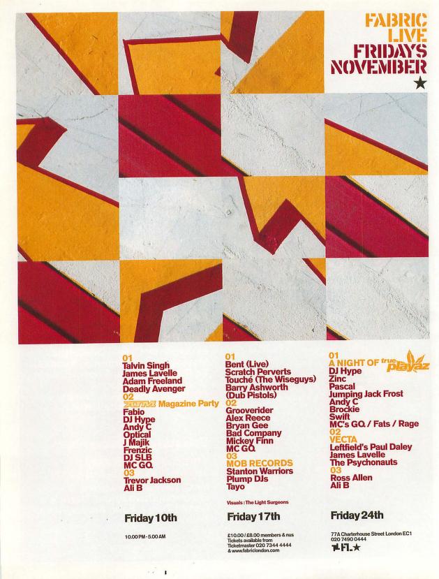 Fabric flyer from Muzik magazine listing Vecta night