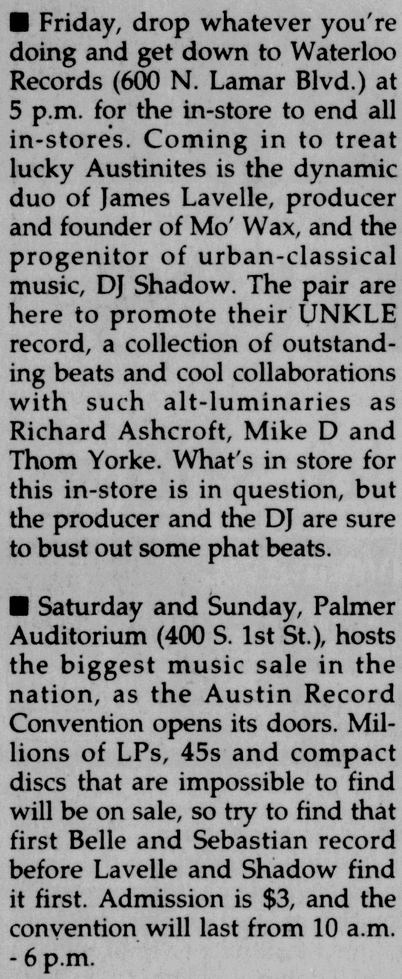 Mention of 2 Oct 1998 event at Waterloo Records in Austin Daily Texan - Oct 02 1998 p16